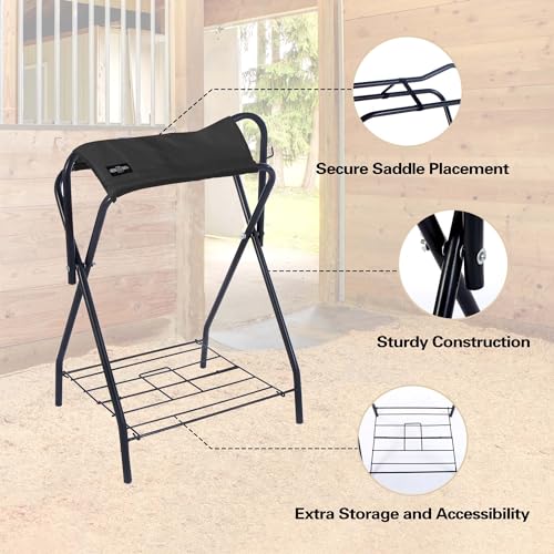 Image of Harrison Howard Saddle Stand Freestanding Full-Size Portable Floor Horse Saddle Rack with Fabric Adds Protection to Underside of Saddle Prevents Bar Indentations Secure Saddle Saddle Black