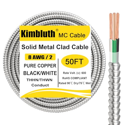 Image of 8 /2 Metal Clad (MC) Cable with Ground 50ft, 8 Gauge Electric Wire with Aluminum Armor, Solid Bare Copper Conductors for Indoor Outdoor Underground Embedded Installation (8 /2, 50 FT)