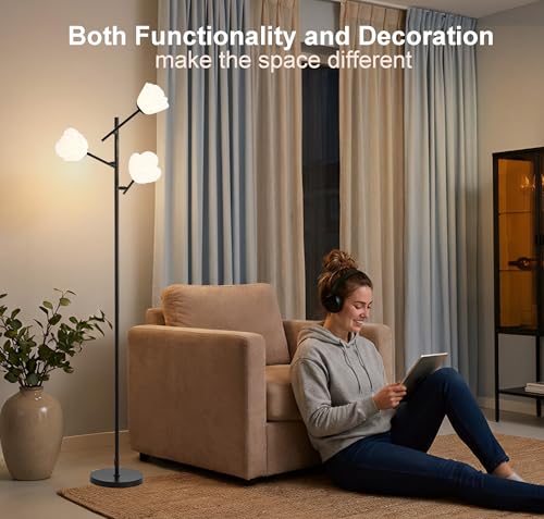 Image of Fiqevs Mid Century Modern Floor Lamp with 3 Adjustable Flower Shade - Floral LED Standing Light with Foot Switch & Light Bulb, Sputnik Tree Lamp for Living Rooms Bedrooms - Black