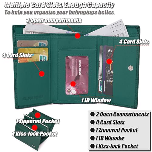 Genuine Patent Leather Trifold Wallet for Women - Compact Kiss-lock Coin Purse with Crocodile Embossed Texture, RFID-blocking Card Holder - 8 Card Slots | ID/Photo Window - Green4