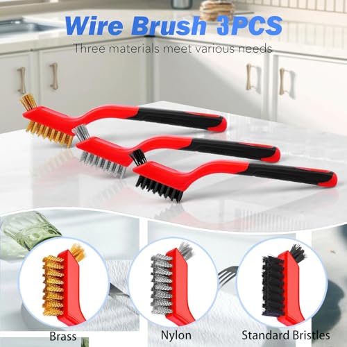 Image of Wire Brush Set, 3 Pcs Brass /Stainless Steel /Nylon Wire Brushes for Cleaning with Curved Handle Grip for Rust Removal, Dirt, Paint Scrubbing