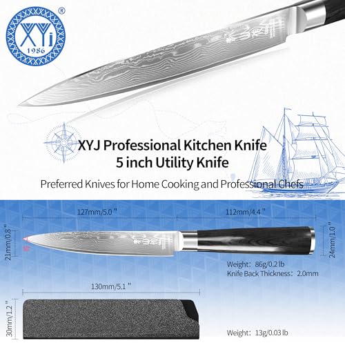 Image of XYJ 5 Inch Damascus Steel Utility Knife, Small Damascus Steel Carving Knife for Kitchen Use, Multipurpose Kitchen Knife for Vegtable, Meat Cuttting