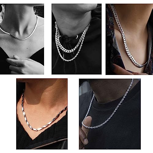 stino 8PCs/7PCs Stainless Steel Chain Necklace for Men Women, Bulk Silver Tone Necklace Chains for Jewelry Making, Figaro Chain, Snake Chain, Cuban Link Chain, Rope Chain.