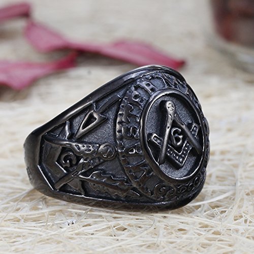 Mokiss Mens Black Plated Stainless Steel Mason Masonic Freemason Ring Band #TOP3