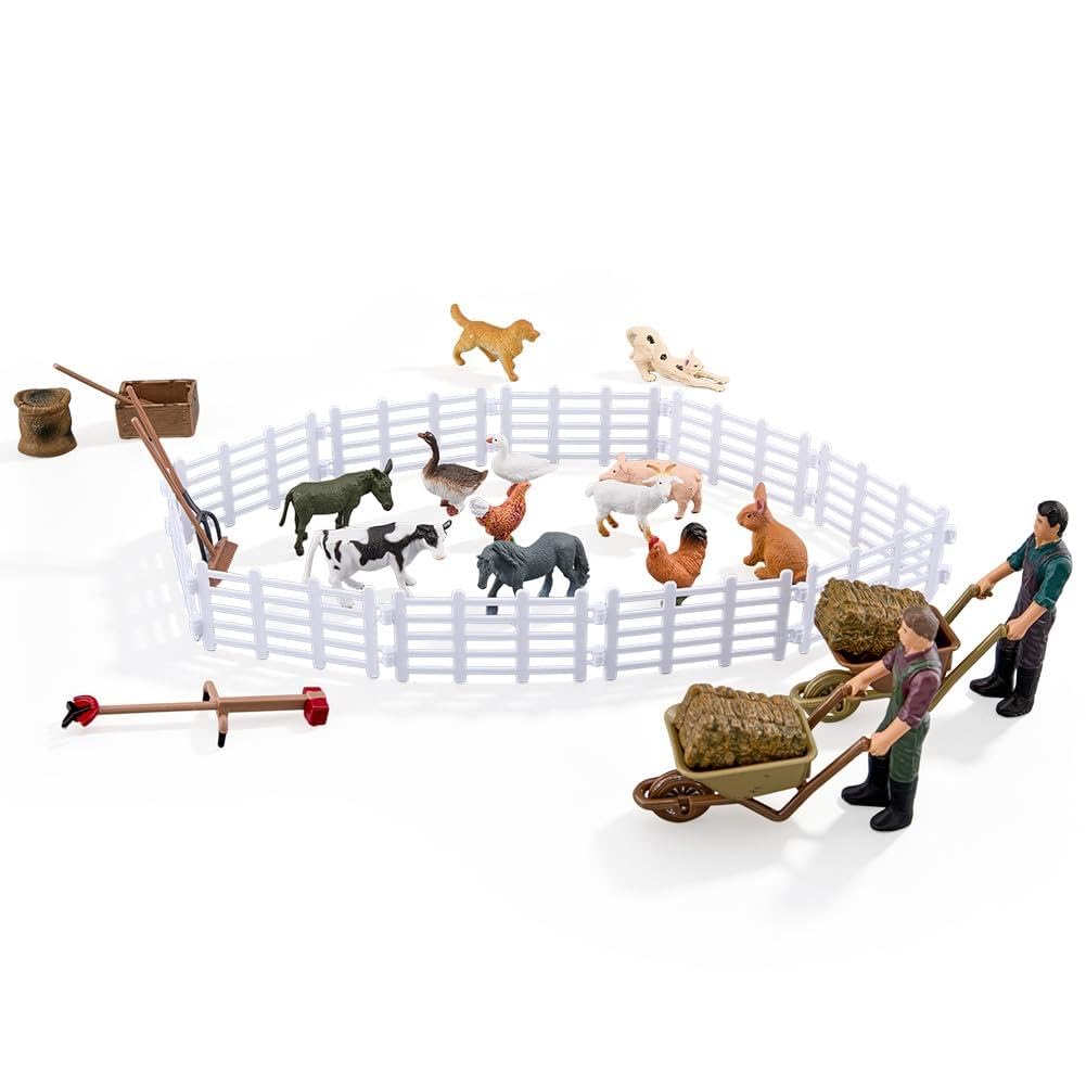 SUPERFINDINGS 34 statuette di animali da fattoria giocattoli figurine fattoria con recinzione agricoltore in miniatura Fattorie accessori set educativi fattorie giocattoli per gioco di ruolo Diorama