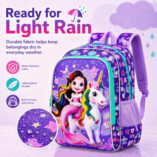 Image of 16 inch Mermaid Backpack for Girls, 3Pcs Unicorn Kids Bookbag with Lunch Box,School Backpacks for Elementary Preschool Kindergarten (Purple)