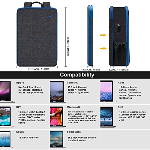 Image of Slim & Expandable Laptop Backpack 15 15.6 16 Inch Sleeve with USB Port, Spill-Resistant Notebooks Bag Case for Most 14-16 Inch MacBooks Surface-Books Dell HP Lenovo Asus Computers, Black Blue, Black Blue, 15.6 inch