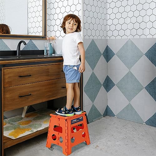 Image of Flottian 13 inch Folding Step Stool for Adults and Kids Holds Up to 300 lbs,Non-Slip Folding Stools with Handle, Compact Plastic Foldable Step Stool for Bathroom,Bedroom, Kitchen,Orange-Red,1PC
