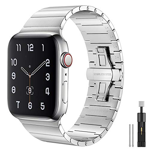 Fitlink Compatible with Apple Watch Bands 42mm 44mm 40mm 38mm, Upgraded Version Stainless Steel Metal Watch Band for Apple Watch Series 5/4/3/2/1 Apple Watch Series 6/SE - Silver