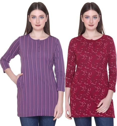 Image of Women Regular Fit Henley All Over Print T-Shirt (Combo of 2) | Small-5XL