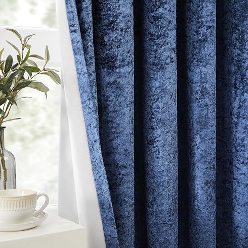 Bujasso Navy Full Blackout Curtains 54 inch Eyelet Crushed Velvet with Blackout Lining Drapes for Living Room Bedroom Thermal Insulated Room Darkening Curtains 2 Panels Grommet Top W46xL54