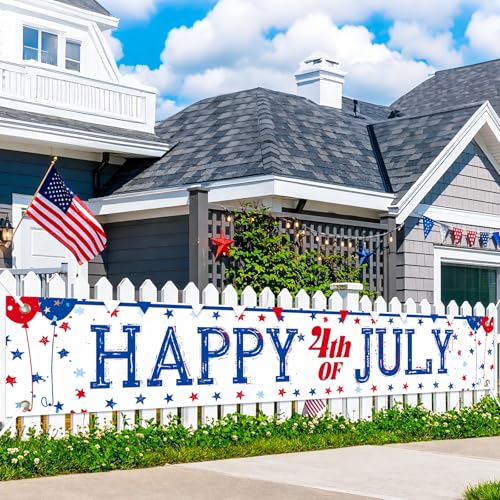 Image of BlissYard Happy 4th of July Banner Patriotic Banner for Outside 118 x 20 Inch Independence Day Decorations American Flag Banner for Yard Fence Porch Party Decor