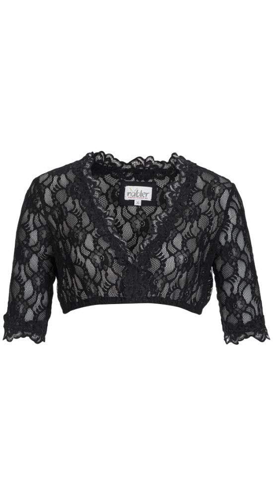 Nübler Dirndlbluse Damen Laura - Kurzarm Trachtenbluse mit Spitze & V-Ausschnitt - Schwarz, Elegante Tracht im Landhaus Stil - Hochwertige, formbeständige Qualität