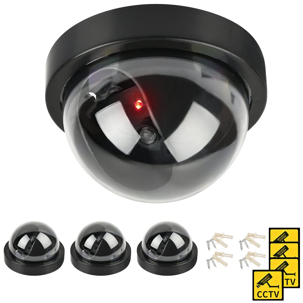 Lot de 4 Camera Factice, Fausse Camera Surveillance Exterieur & Intérieure, Fausse de Sécurité Caméra Dôme CCTV avec LED Clignotant Lumière pour Les Entreprises Magasins Accueil
