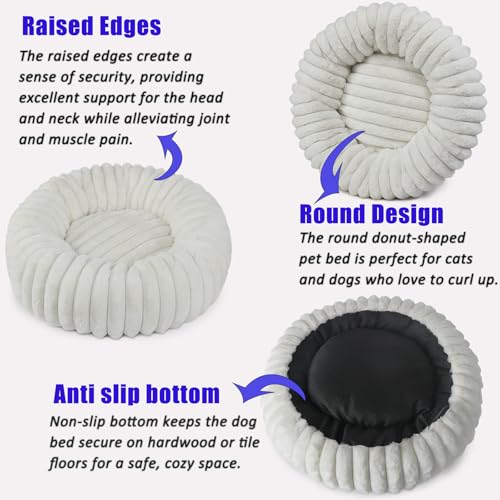 Donut Small Dog Bed Washable - Dog Beds for Small Dogs and Cats with Corduroy Fleece & Anti Slip Bottom, Calming Round Faux Fur Cute Pet Bed for Puppy Kitten, Cream, 23x23x6 inches - Image 6