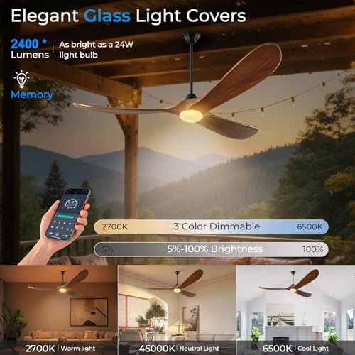 Image of 60 inch Outdoor Ceiling Fan with Light-Glass Lamp, 3 blade Wood Propeller Ceiling Fans with Lights and Remote Control for Patios, Exterior Damp Rated High CFM Ceiling Fans Modern Smart APP