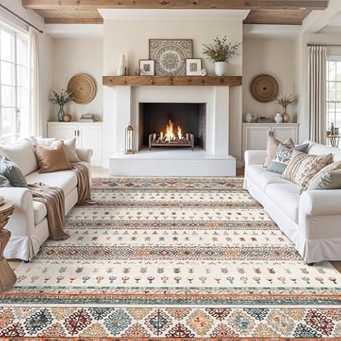 9x12 Living Room Area Rugs: Washable Non-Slip Neutral Sage Style Rug for Bedroom Dining Room Soft Indoor Farmhouse Moroccan Carpet Thin Floor Mat for Home Office 9x12 Blue/Beige/Multi Cover