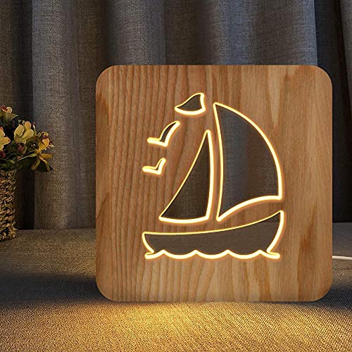 Product Image of the LECO TECH Sailboat Wooden Carving Night Light Warm White LED Bedside Table Lamp for Home Room Party Decoration, Creative Nautical Gifts for Men Women Friends Ocean Lovers