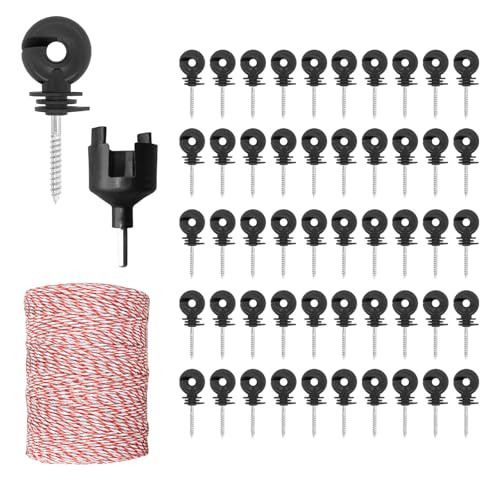 Corde de clôture électrique + isolateur annulaire + aide au vissage, fil de clôture électrique, 6 NIRO, câble électrique blanc/rouge (200 m)