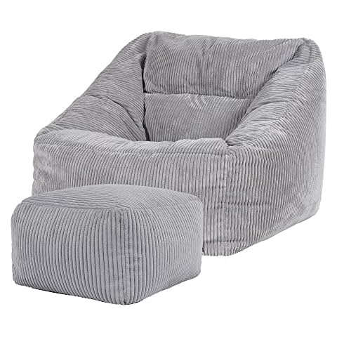 Icon Riesen Sitzsack Sessel „Morgan“ mit Hocker, Grau, Cord XXL Sitzsack Erwachsene mit Füllung für das Wohnzimmer, Riesensitzsack XXL Flauschig Cord Cover