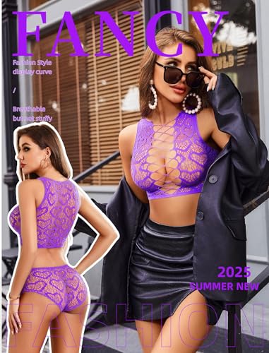 Image of Avidlove Womens Fishnet Lingerie Set Sexy Two Piece Lingeries Hollow Out Stripper Outfit Heart Print Mesh Crop Tops