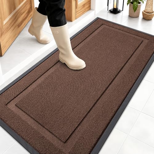 Image of OLANLY Front Door Mat Indoor Outdoor Entrance, Waterproof All-Season, All-Weather Doormat, Sturdy Natural Rubber, Low Profile, Easy Clean Patio Porch Entryway Mat, 47x23, Chocolate Brown