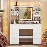 VASAGLE Kailyn Kollektion - Schminktisch mit Spiegel und LED-Leuchten, Steckdosenleiste, 9 Schubladen, 10x Vergrößerungsspiegel, 3 Lichtfarben, werkzeuglose Gleitschienen, wolkenweiß RDT137W01