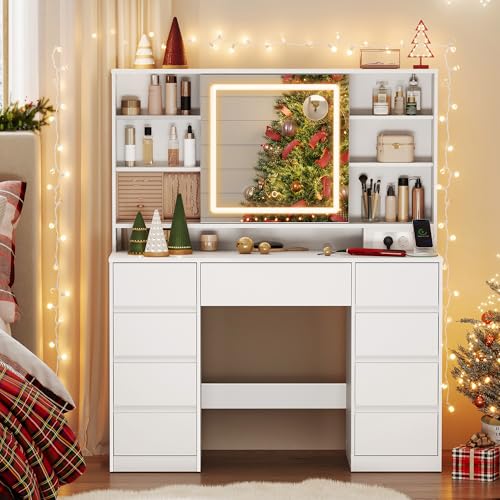 VASAGLE Kailyn Colección - Tocador con Espejo LED, Regleta, 9 Cajones, Lupa de 10x, Iluminación de 3 Colores, Montaje sin Herramientas, Blanco Nube RDT137W01