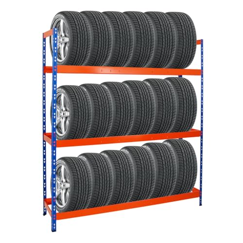 PROREGAL Reifenregal Tiger XL | HxBxT 200x180x45 cm | 300kg Fachlast | bis zu 21 Reifen (205/55 R16) | Blau/Orange | Werkstattregal, Lagerregal, Kellerregal