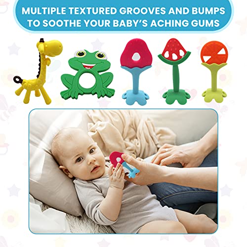 Image of Gadgetime USA Silicone Baby Teether (Pack of 5) - Animal Toys for Babies, Toddlers, Girls & Boys - Stimulating & Soft Soothing - BPA Free - Assorted Colors