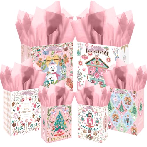 qiqee 10PCS Christmas White Gift Bags with Pink Polar Bear Design(2PCS Large 5.5"x10.2"x13", 4PCS Medium 4.3"x 7.7"x 9.6", 4PCS Small 2.4"x 4.7"x 6.3", Tissue Paper included)