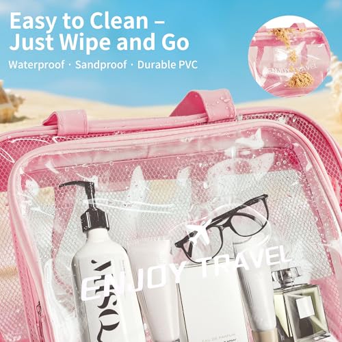 Waterproof Beach Bag with Shoe Compartment – Large Capacity Clear PVC Tote Bag, Portable Unisex Travel Makeup Organizer for Swimming, Gym, and Vacation (PINK)2