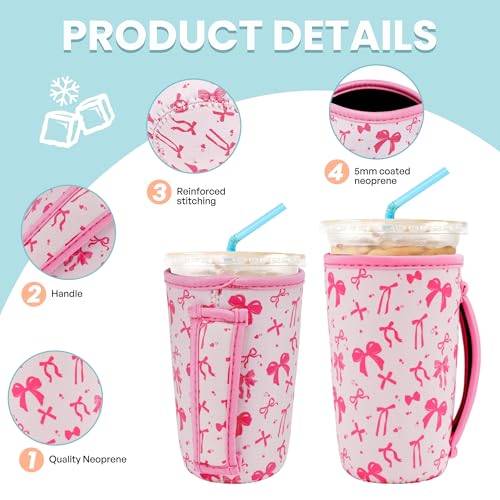 Image of KJQJLY 3 Pack Reusable Iced Coffee Sleeves for Iced Coffee Cups or Drinks Reusable Neoprene Insulated Sleeves for Hot and Cold Drinks from Starbucks, Dunkin, And More (Pink bow)