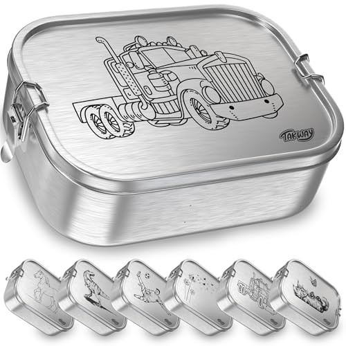 TAKWAY Boîte à bento étanche en acier inoxydable de 800 ml avec camion à 3 compartiments pour les repas des enfants et les repas scolaires, passe au...