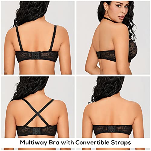 Image of DOBREVA Women's Strapless Lace Bras Unlined See-Through | Underwire, Floral Lace, Sexy, Sheer, Soft, Bow, Multiway, Comfort