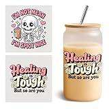 Set 2Pcs Healing Tough But So Are You UV DTF Cup Wraps for 16 oz Glass, I'm Not Mean I'm Spicy Nice, Cold Transfer Stickers for Glass Cups, Flower Cute Mental Health, Vinyl Waterproof Rub on Transfer