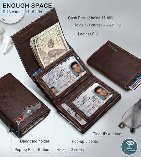 Image of miyozi Wallet for Men,with Cash Pocket 2 ID Window 9-13 Cards,Metal Case Smart Slim Pop Up Credit Card Holder Flip with Magnetic Closure RFID Blocking Trifold wallet with Gift Box