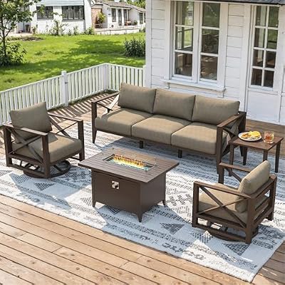 Aluminum Patio Furniture Set with Oversized Fire Pit Table, 7-Piece All-Weather Outdoor Conversation Set with Swivel Rocking Chairs, Oversized Modern Sofa for Backyard, Deck, Balcony-Brown