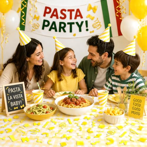Image of BeYumi Italian Food Table Confetti - 300Pcs Pasta Party Decoration Supplies | Italian Themed Yellow Pasta Various Italy Noodle Paper Table Confetti for Birthday Dinner Baby Shower Food Party Supplies
