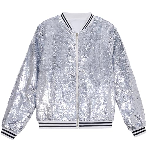 A ARFAR Women Sequin Jackets Flip Striped Collar Glitter Varsity Striped Bomber Sparkly Coat Party Outwear Ladies Shiny Cloth