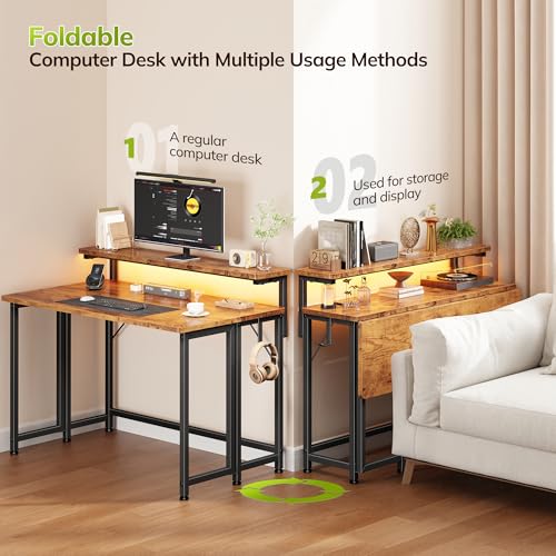Image of Folding Table with RGB Light for Small Space, 31.5 inch Folding Computer Desk for Space Saving Sofa Table for Couch, Home Work Office Desk with Monitor Stand, Easy to Fold with Hooks,Rustic Brown