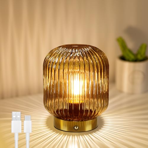 MJ PREMIER Rechargeable Table Lamp, Yellow Glass Lamp with Memory Function, Small Cordless LED Lamp with Dimmable Brightness, Decorative Touch Lamps for Bedroom Living Room (Yellow)