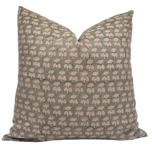 Fabritual Block Print Thick Linen 22x22 Throw Pillowcase Cushion Cover Decoration for Farmhouse, Living Room, Fall Spring, Outdoor, Sofa, Couch (Damru-Green)