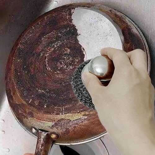 Image of Steel Wool Scrubber with Handle, Heavy Duty Dish Scrubber, Steel Brush for Cleaning Pots, Pans, Grills, Sink (4 Pack)