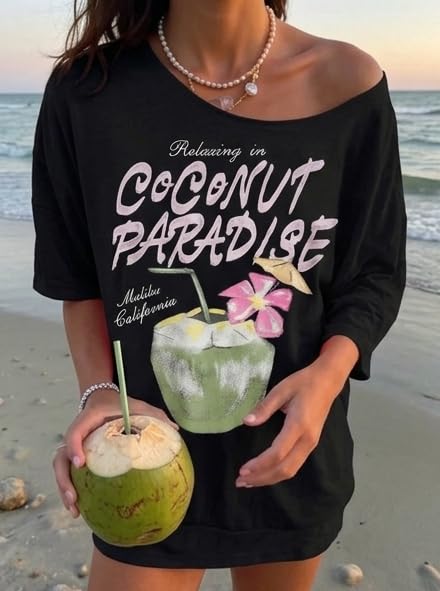Image of SXV STYLE Women's Casual Letter Print Asymmetric Neck Loose Short Sleeve T-Shirt,