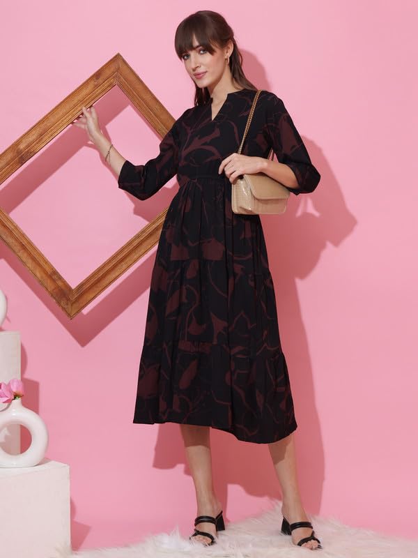 Image of Sheetal Associates Women's Casual 3 /4 Sleeve Crepe Fit and Flare Dress| Comfortable Relaxed Fit Summer Party Dress