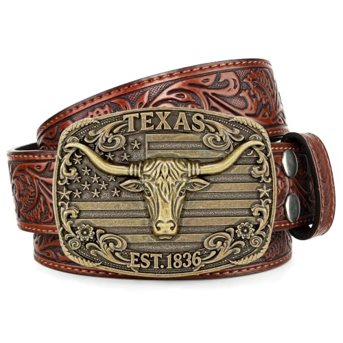 Image of SANSTHS Genuine Leather Cowboy Belts for Men Western Belt Buckle for Jeans