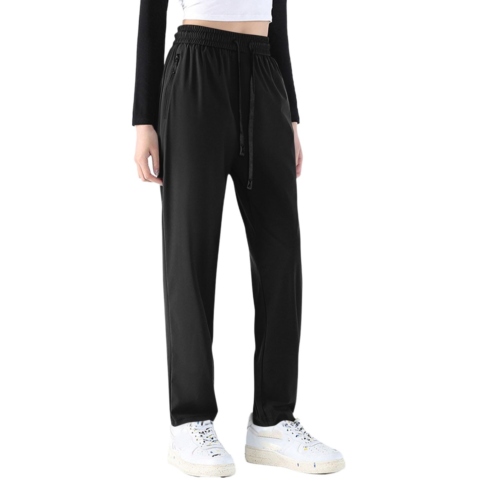 Black Plus Size Joggers for Women Water Resistant Outdoor Hiking Pants Breathable Quick Dry Travel Pants with Zipper Pockets Workout Athletic Straight Leg Pants Track Pants Lightweight Fishing Pants