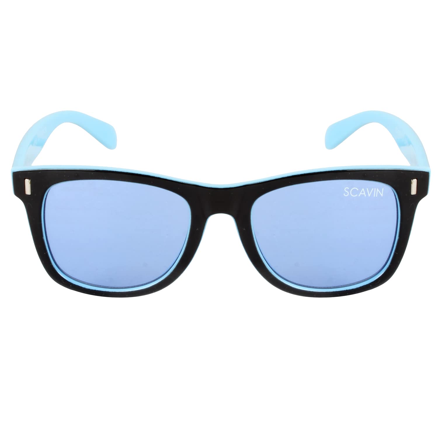 SCAVINUnisex UV Protected Wayfarer Shaped Full Rim Black Frame & Blue Grey Lens Sunglasses With Assorted Colored Sunglasses Case, Size - Large, Frame - Plastic, Polycarbonate Lens