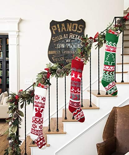 YQing 3 Pieces Knit Christmas Stocking - 25 Inch Extra Long White and Burgundy Wool Christmas Stocking with Reindeer and Snowflake Pattern for Holiday Home Decoration